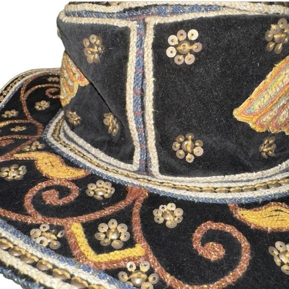 Vintage Myanmar Burmese Burma Kalaga floppy Hat Phoenix Sequins Embroidery. - Picture 10 of 12
